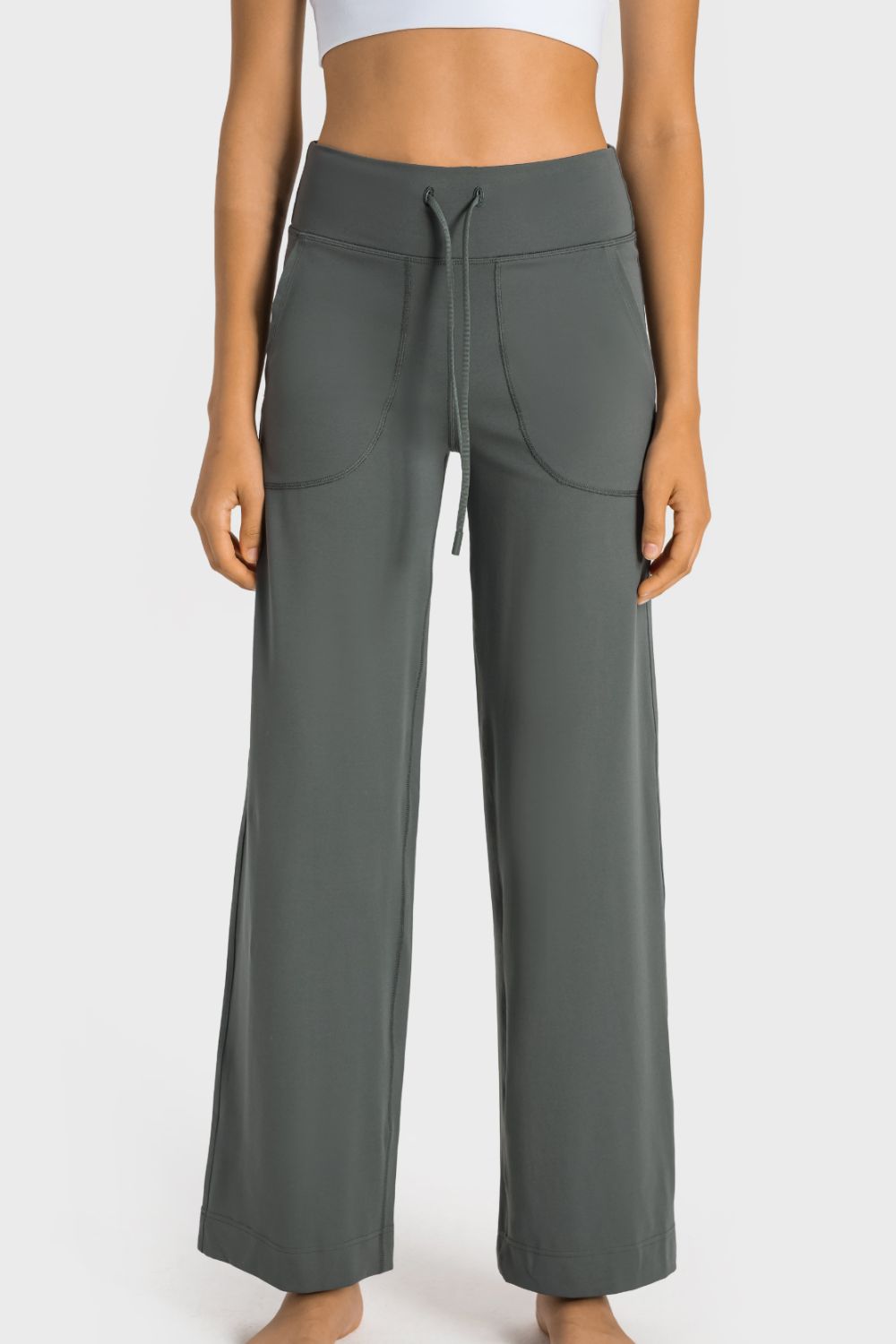 Drawstring Waist Wide Leg Sports Pants with Pockets in Sage for Women