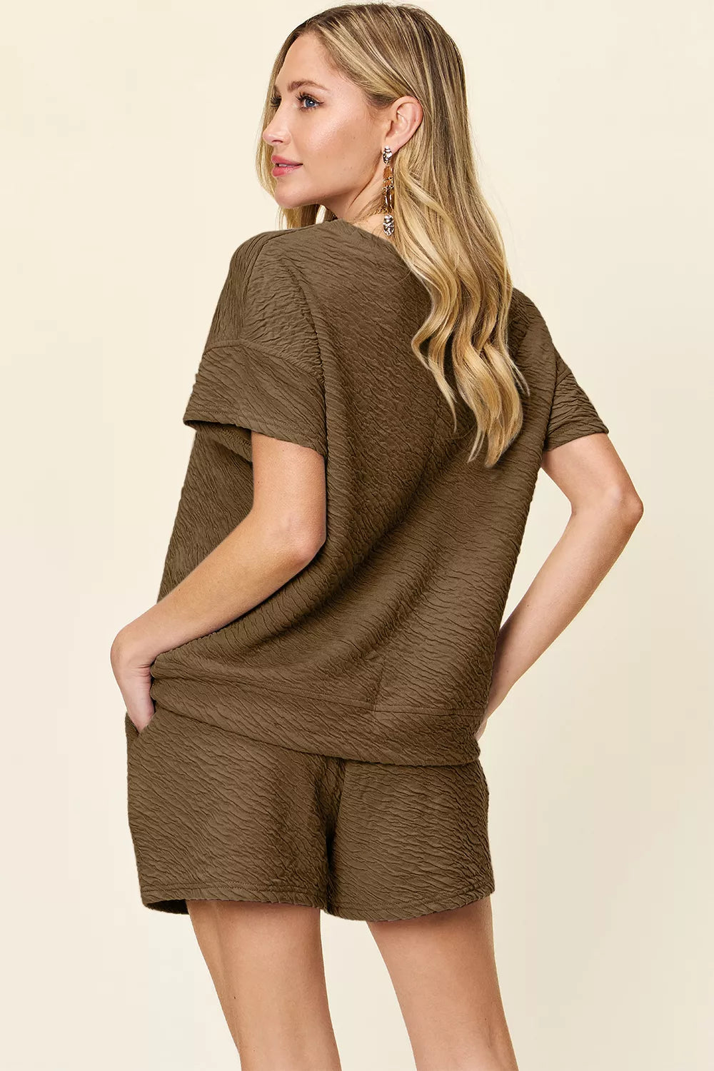 Plus Size Texture Short Sleeve T-Shirt and Drawstring Shorts Set in Cloudy Blue in Dusty Pink for Women