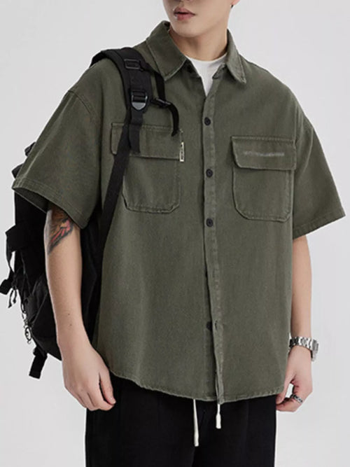 Button Down Oversized Short Sleeve Shirt Plus Size in Army Gray for Men