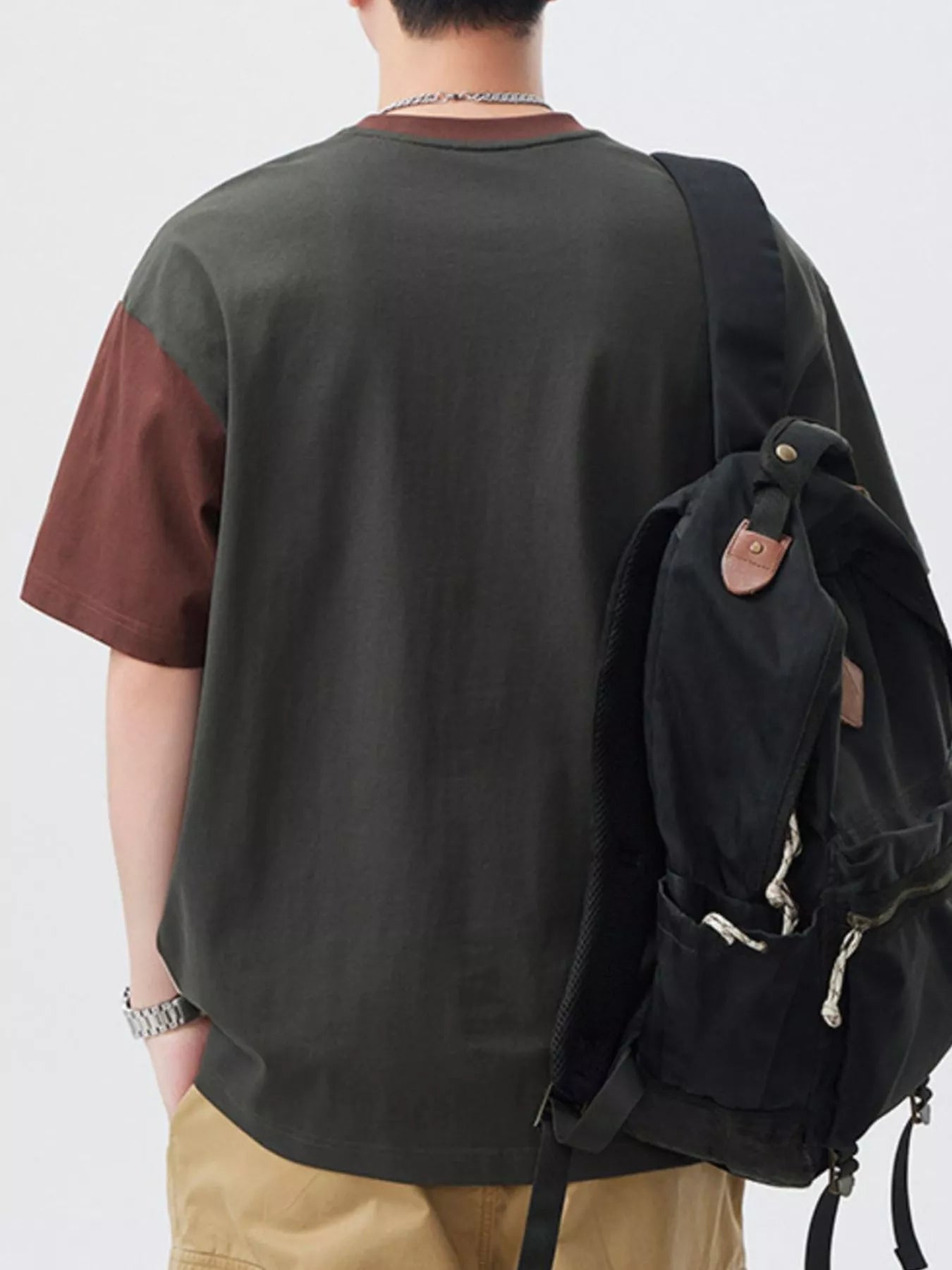 Plus Size Color Block Round Neck Short Sleeve T-Shirt in Apricot with Brown and Gray for Men