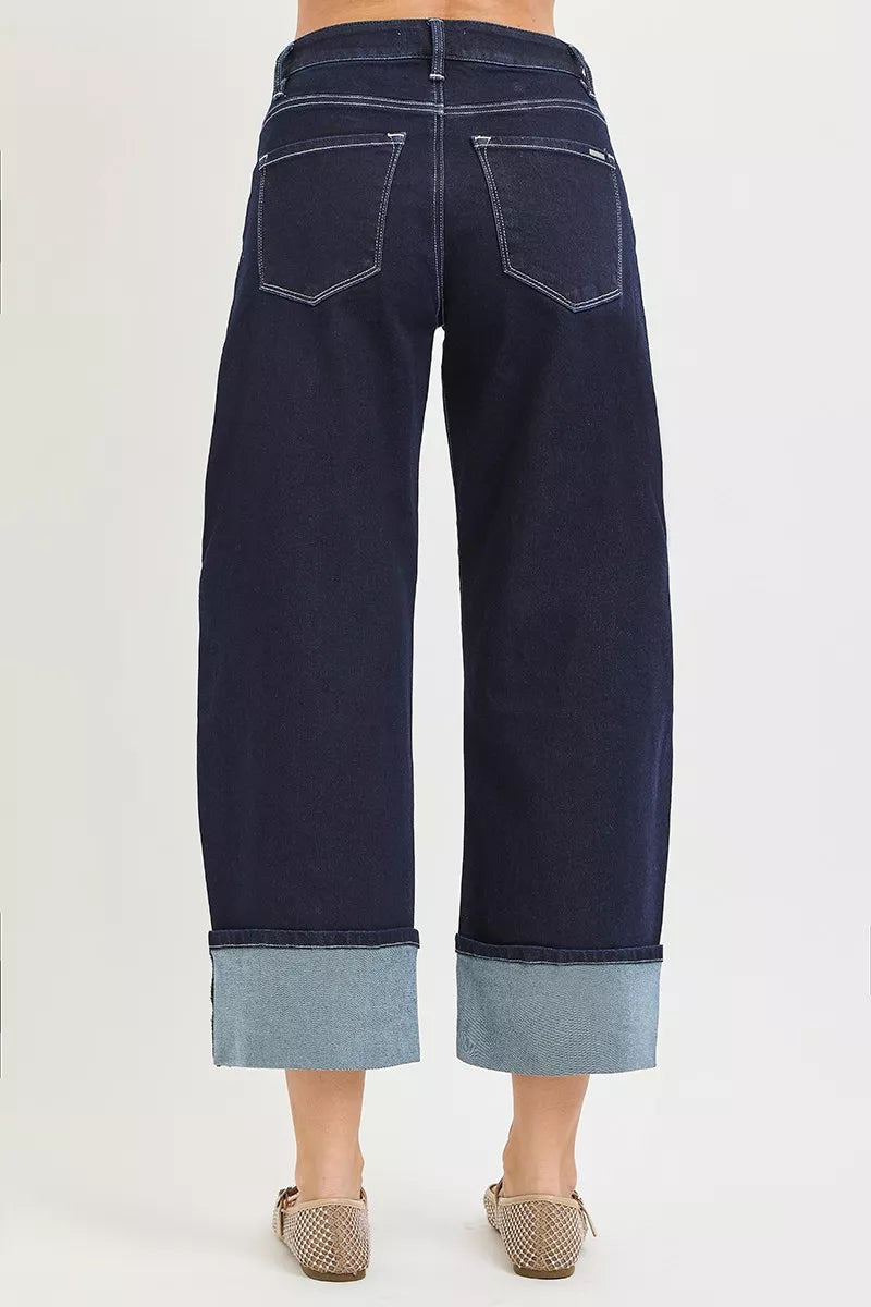Slouchy Crop Barrel Cuffed Hem Jeans in Solid Dark for Women