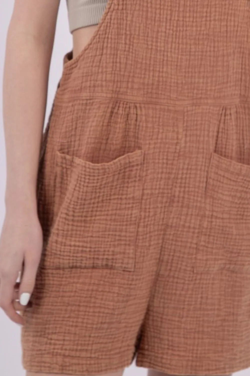 Sleeveless Double Gauze Overalls with Pockets in Mocha for Women