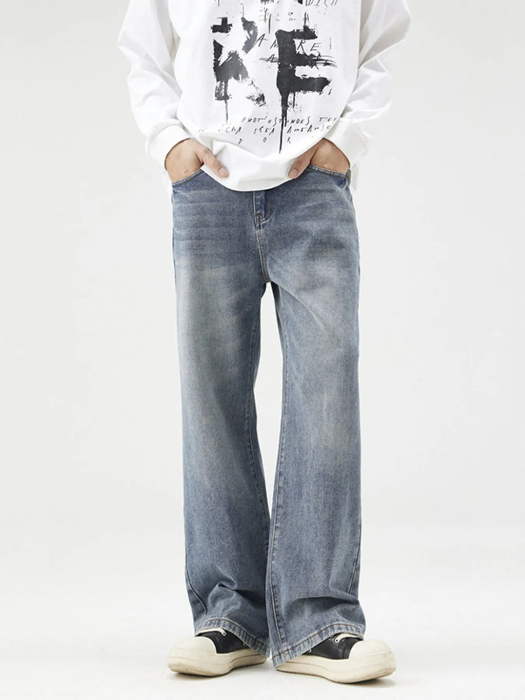 Plus Size Wash Wide Leg Relaxed Fit Jeans in Blue for Men