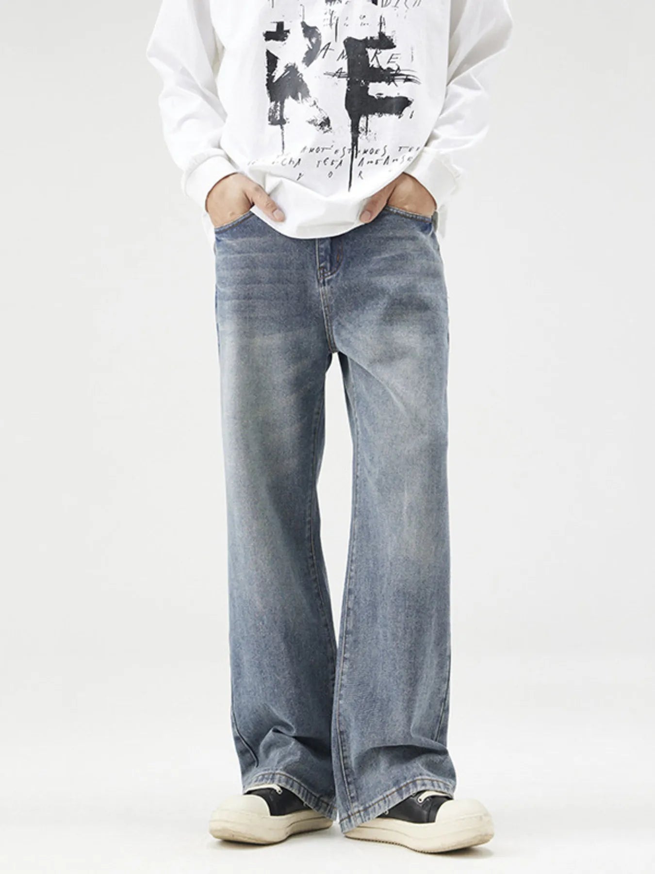 Plus Size Wash Wide Leg Relaxed Fit Jeans in Blue for Men