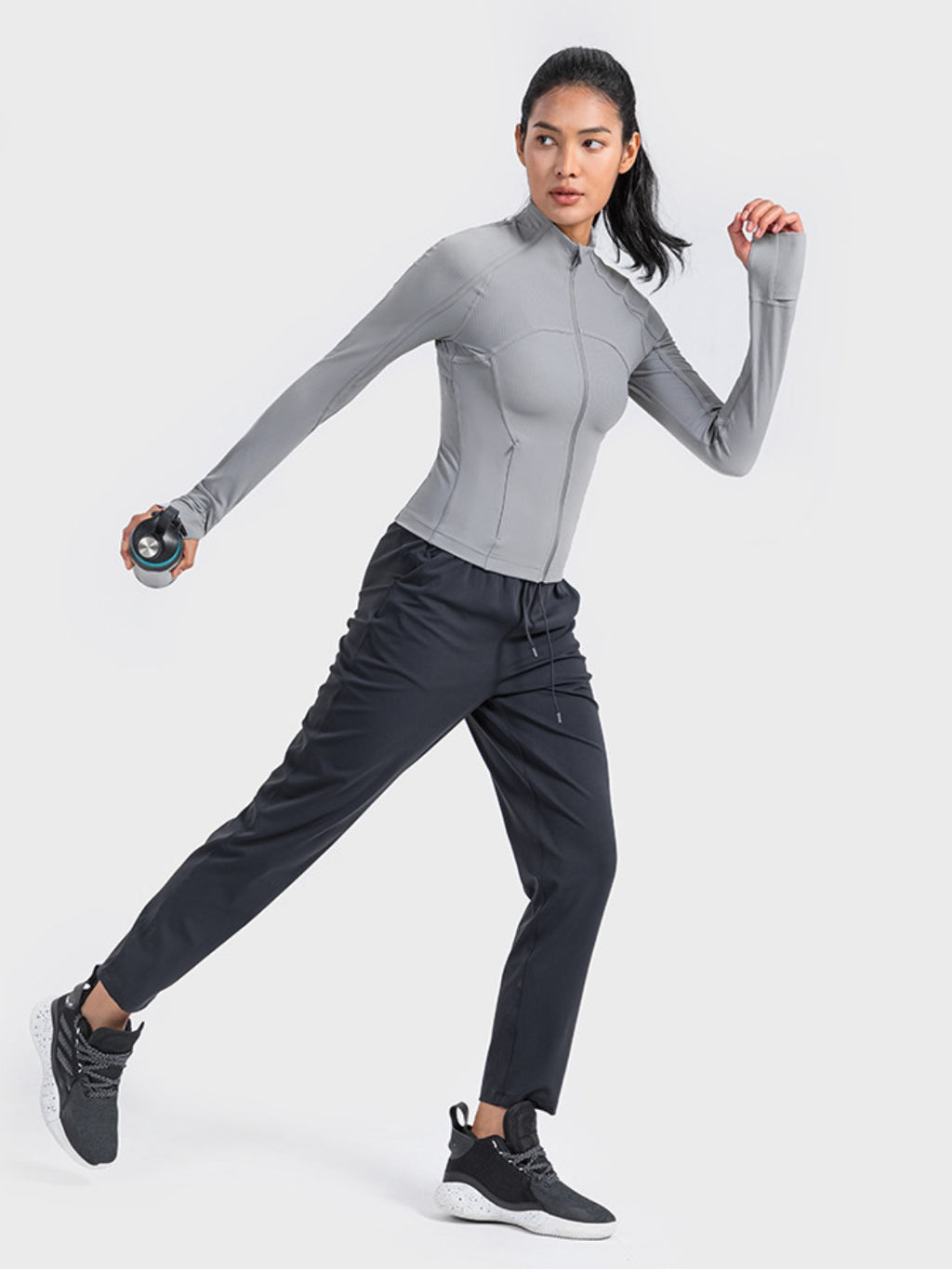 Zip-Up Long Sleeve Sports Jacket in Heather Gray for Women