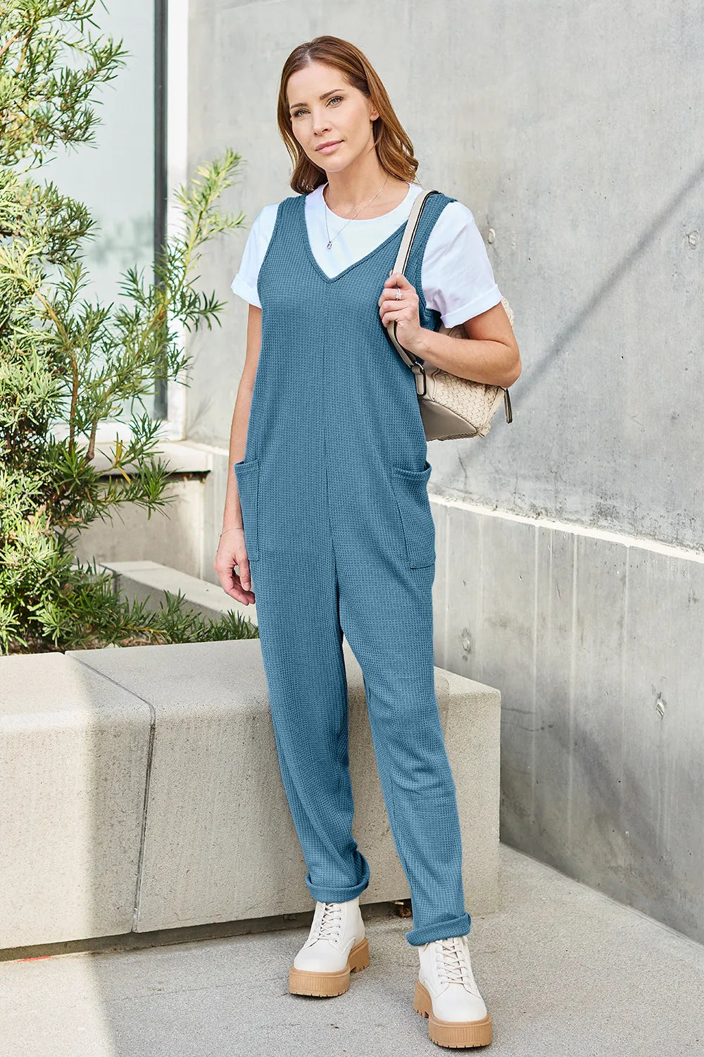 Plus Size Sleeveless Straight Jumpsuit in Sky Blue for Women