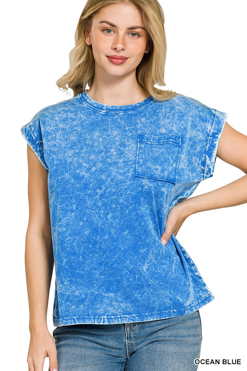 Crinkle Washed Round Neck Folded Short Sleeve Tee Plus Size in Ocean Blue for Women