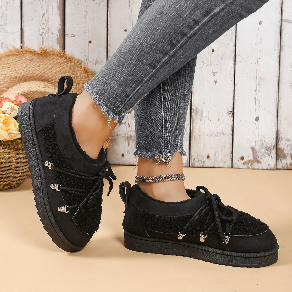 Lace Up Round Toe Platform Ankle Boots in Black for Women