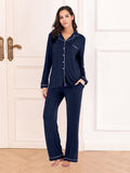 Collared Neck Long Sleeve Loungewear Set with Pockets in Navy for Women