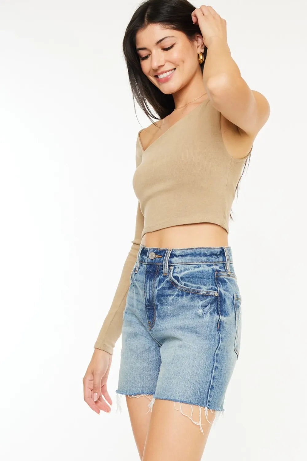 Plus Size Raw Hem High Waist Denim Shorts in Medium for Women