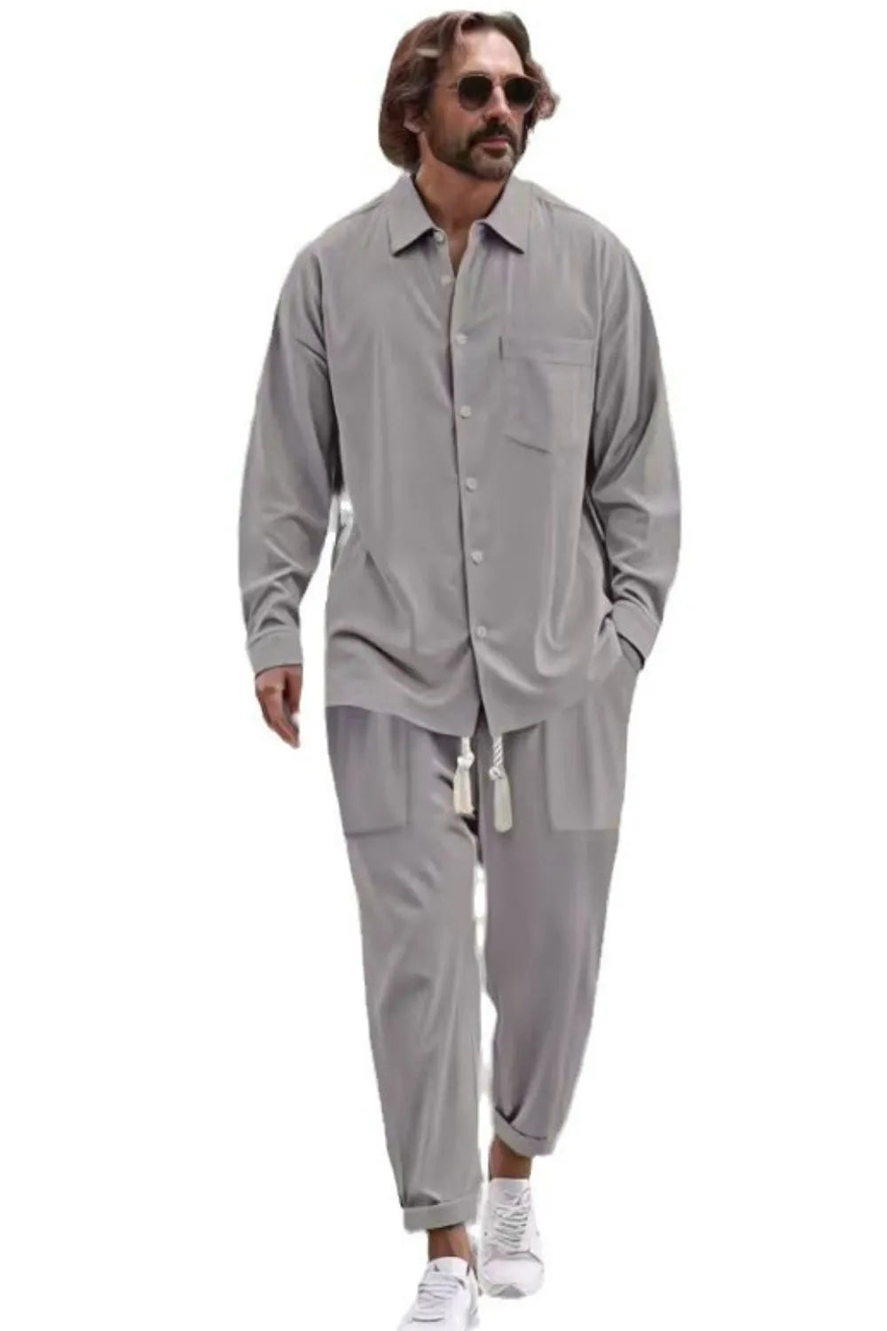 Collared Neck Long Sleeve Top and Pants Set Plus Size in Navy for Men