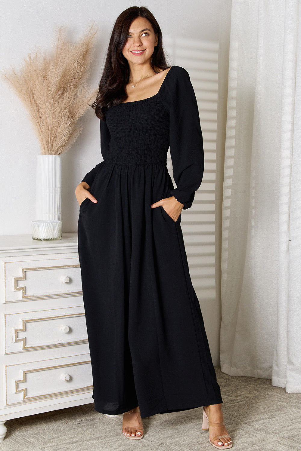 Square Neck Jumpsuit with Pockets for Women