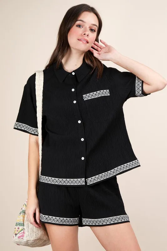 Crinkled Woven Shirt Top & Shorts Set in Black for Women