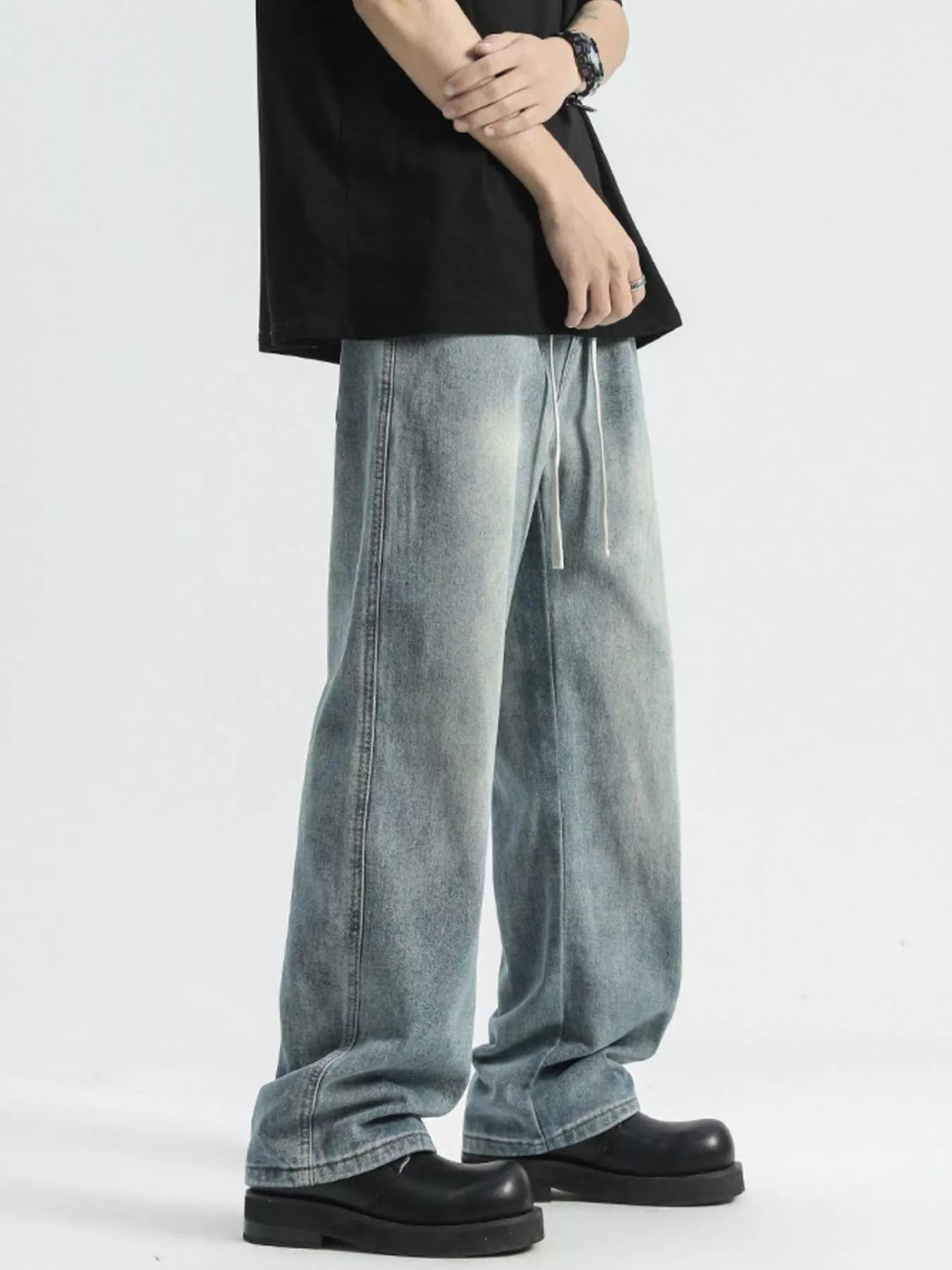 Washed Wide Leg Drawstring Jeans Plus Size in Light Blue for Men