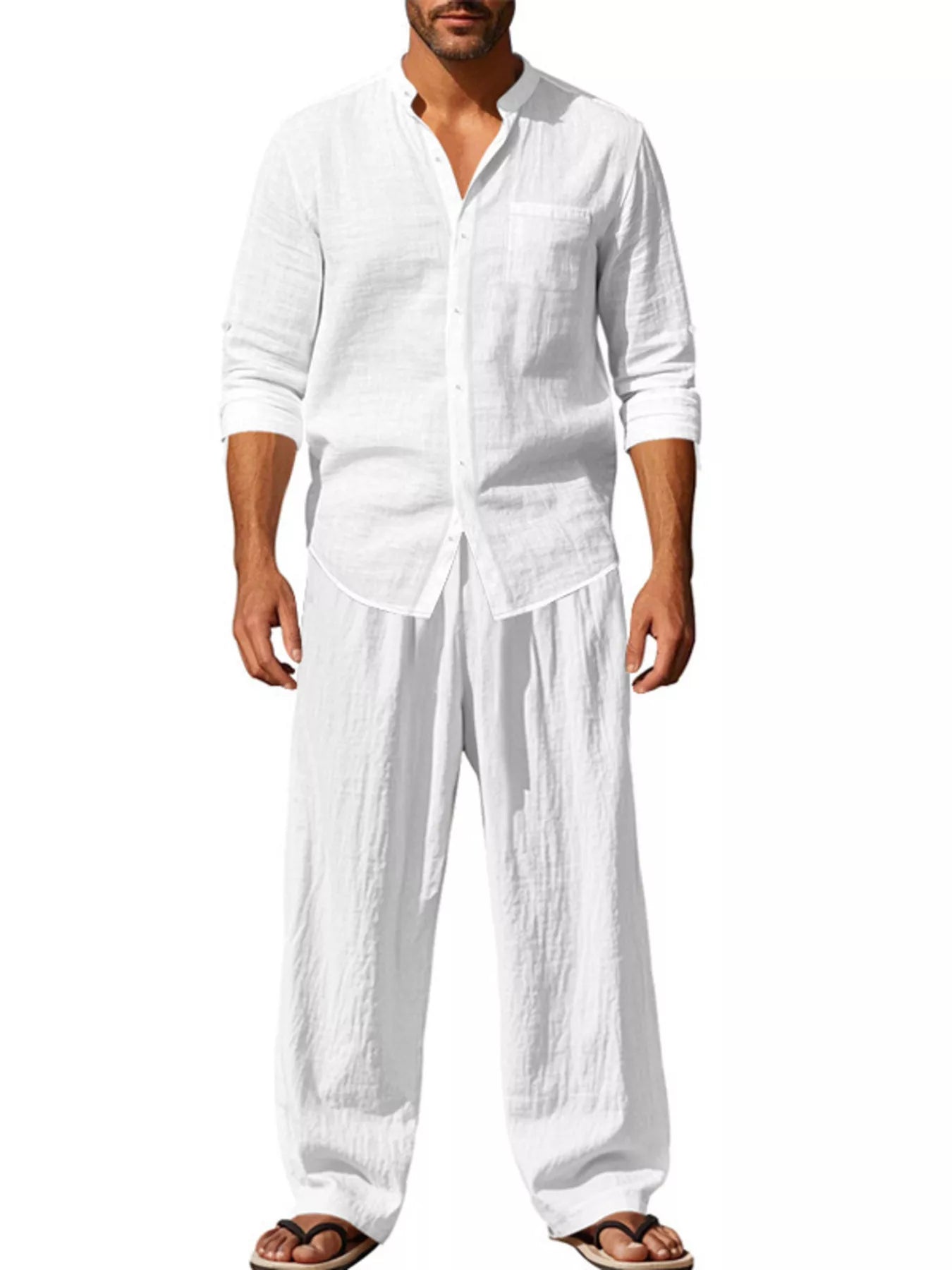 Button Up Long Sleeve Shirt and Pants Plus Size in White for Men