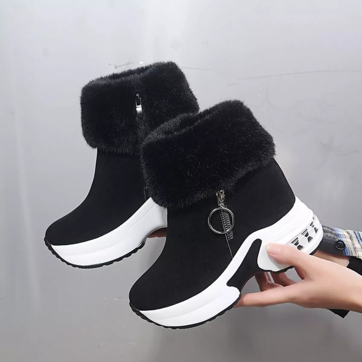 Fuzzy Side Zipper Platform Ankle Boots in Black for Women