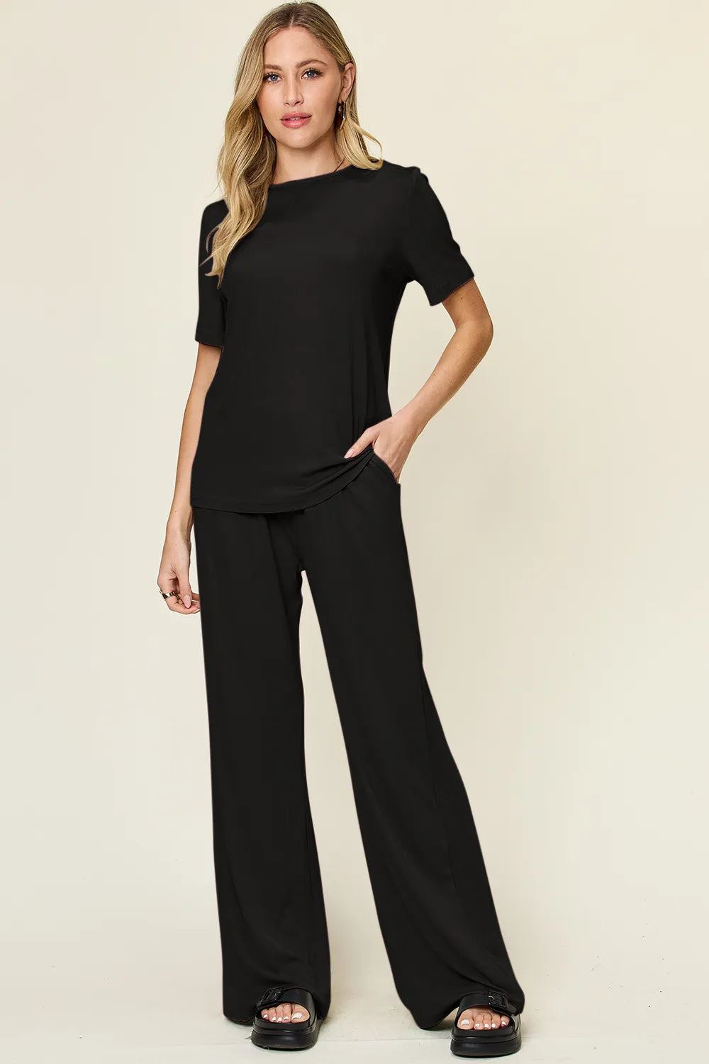 Plus Size Round Neck Short Sleeve T-Shirt and Wide Leg Pants Set in Light Green for Women