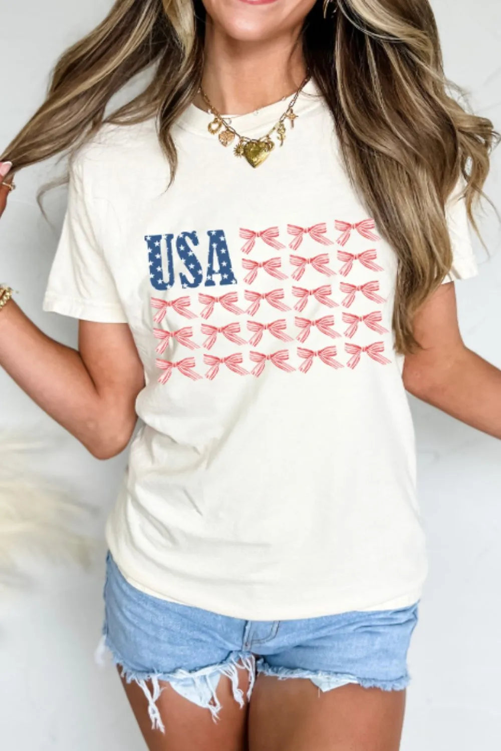 USA Flag Bow Knot Print Round Neck T-Shirt in White for Women