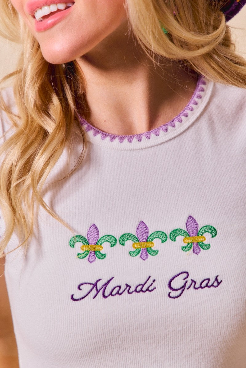 Mardi Gras Tank Top with Contrast Blanket Stitch in Off White for Women