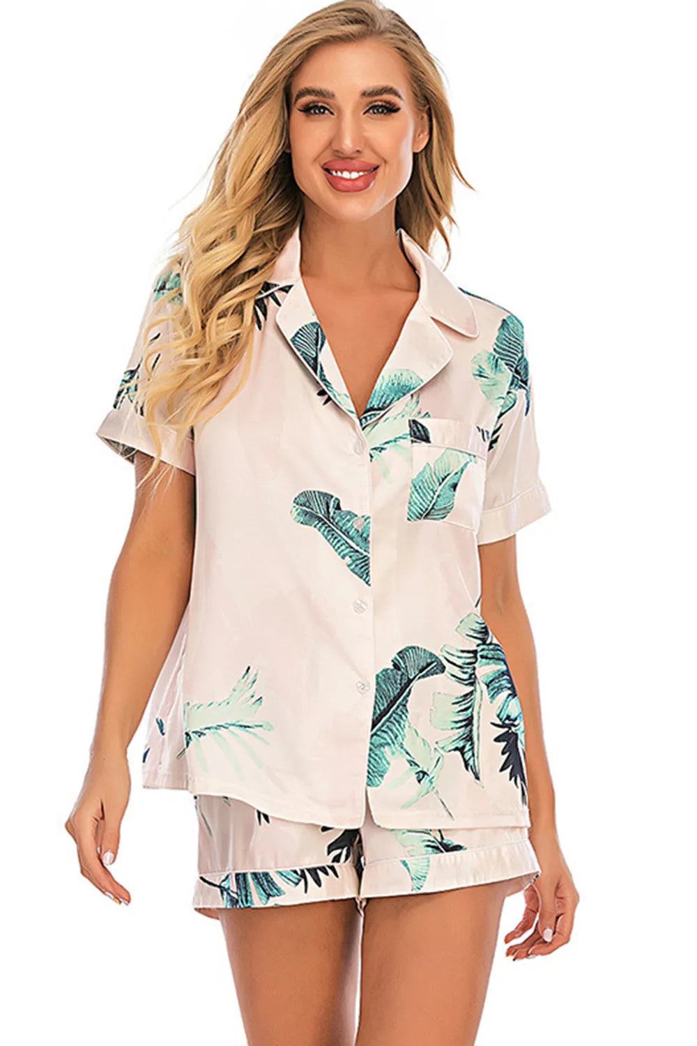 Printed Button Up Short Sleeve Top and Shorts Lounge Set in Tan for Women