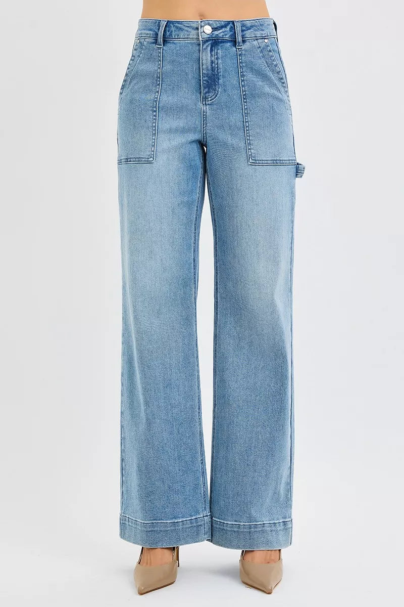 High Rise Straight Leg Jeans with Front Pockets Plus Size in Medium for Women