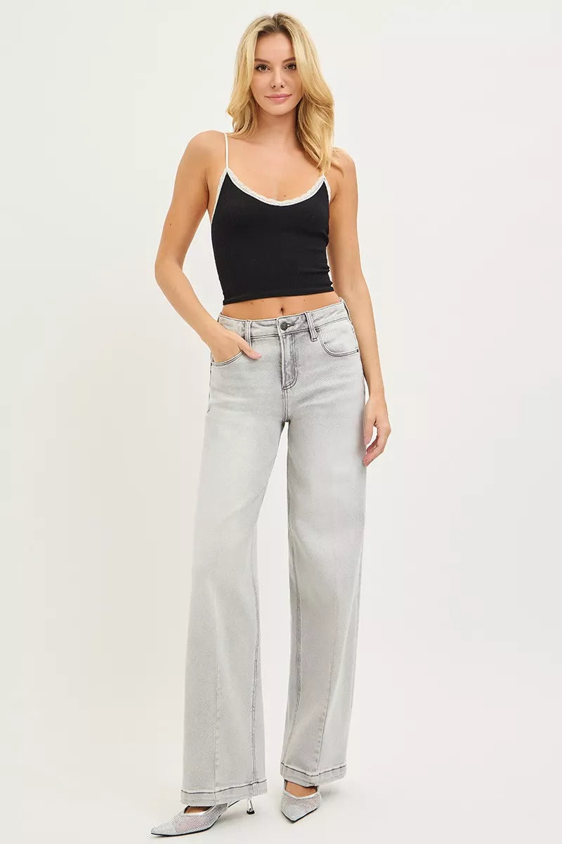 Slouchy Baggy Jeans with Contrast Stitching in Light Grey for Women