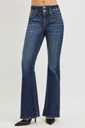 High Rise Flare Jeans with Seam Detail Waistband in Dark for Women