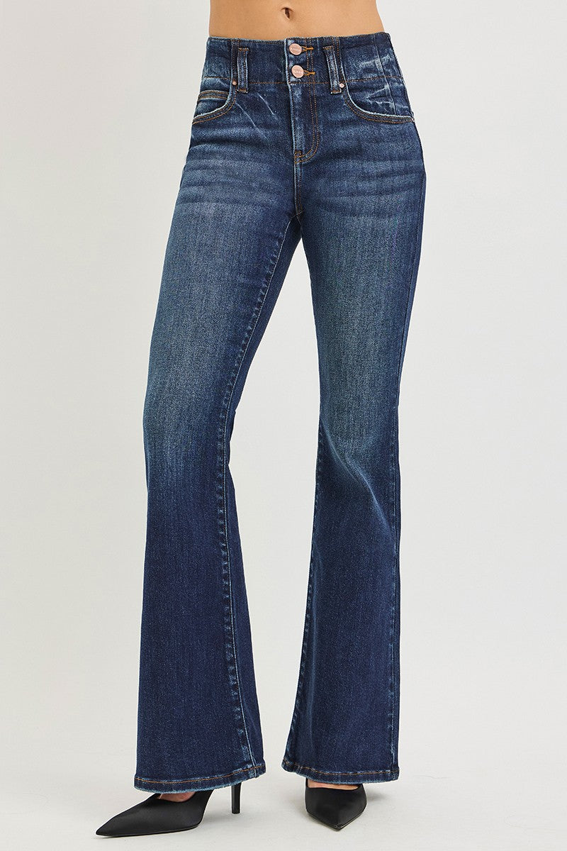 High Rise Flare Jeans with Seam Detail Waistband in Dark for Women