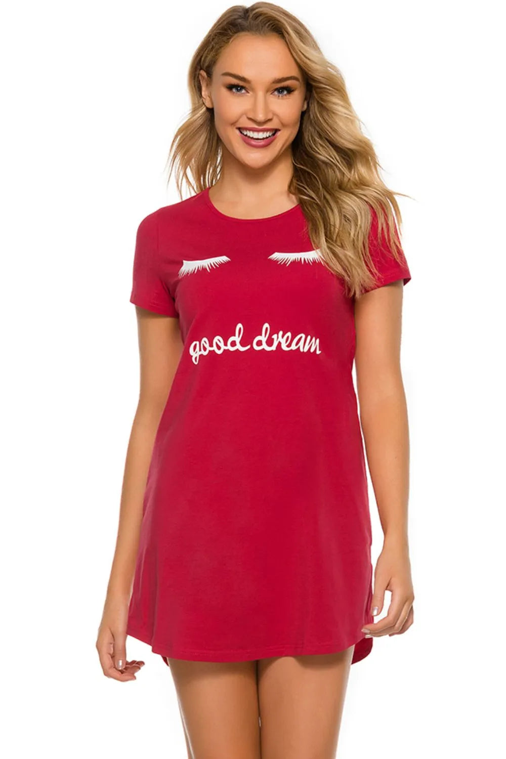 Graphic Round Neck Short Sleeve Lounge Dress in Red for Women