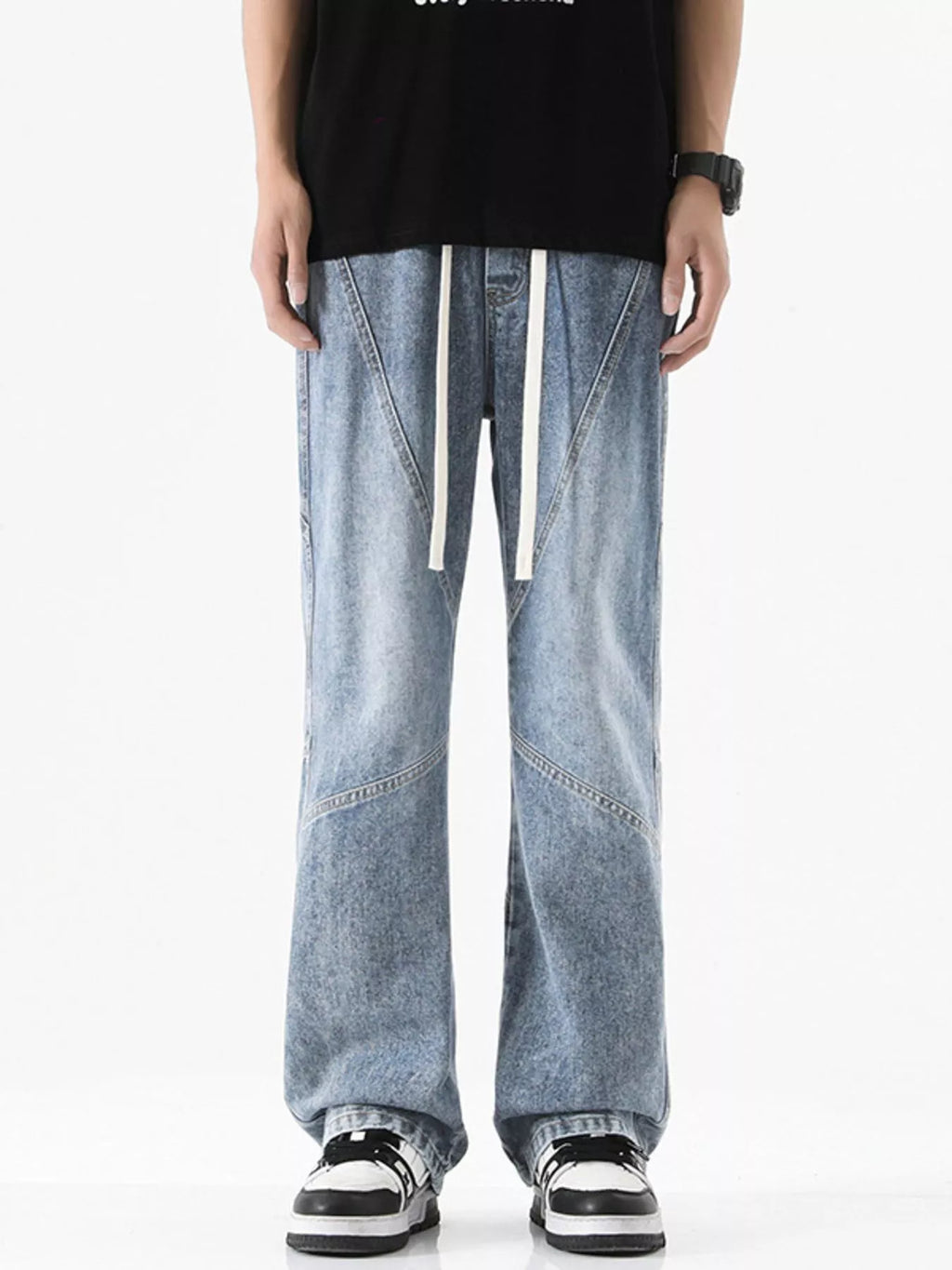 Drawstring Wide Leg Jeans Plus Size in Black in Vintage Blue for Men