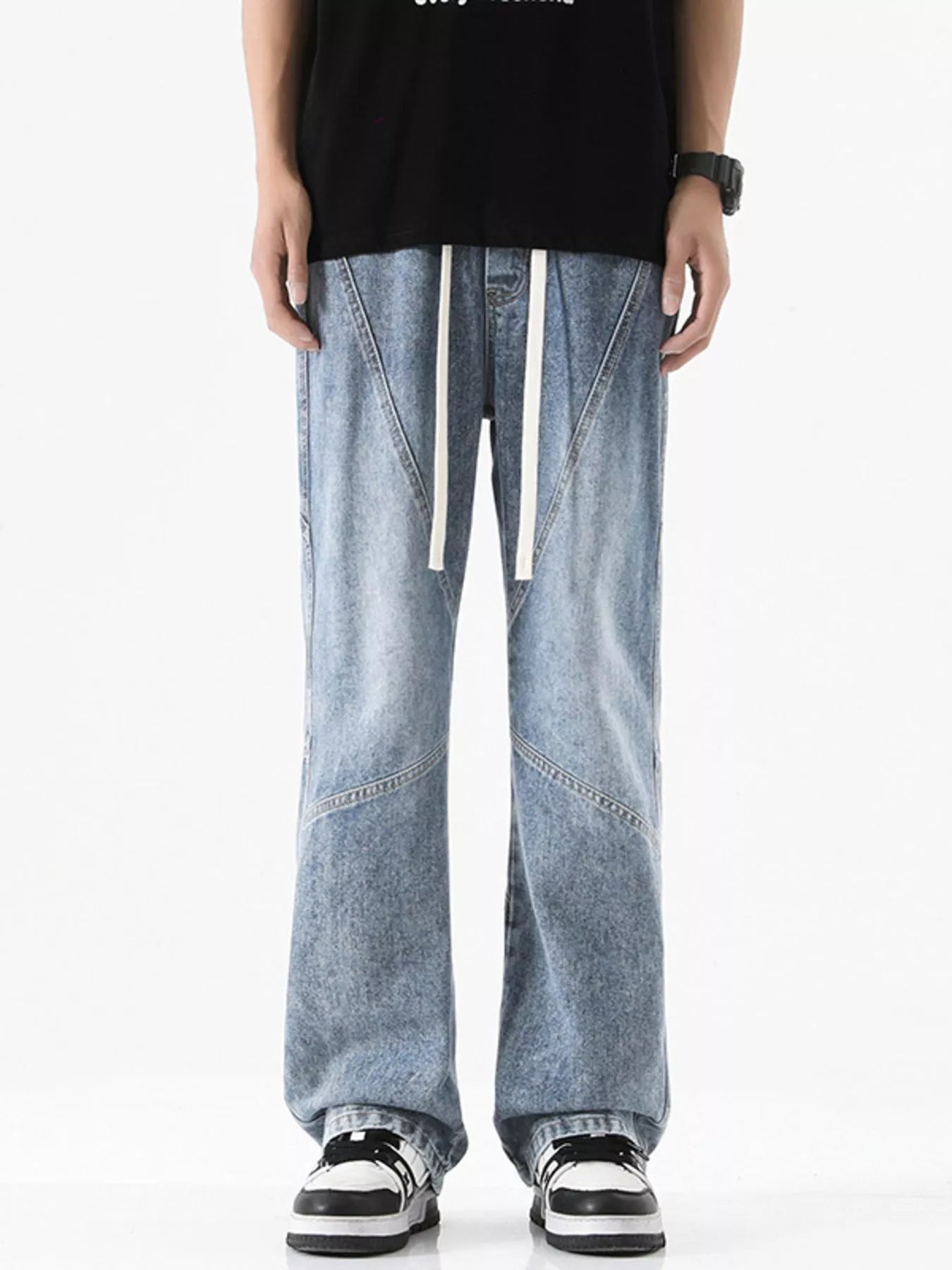 Drawstring Wide Leg Jeans Plus Size in Black in Vintage Blue for Men
