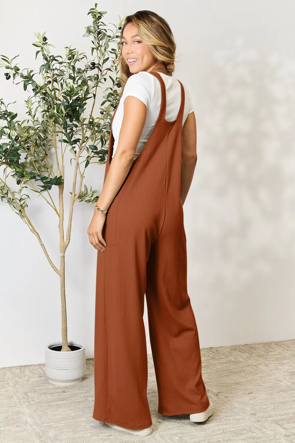 Plus Size Wide Strap Overall with Pockets in Ochre for Women