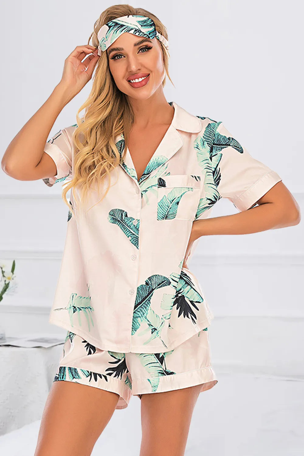 Printed Button Up Short Sleeve Top and Shorts Lounge Set in Pink for Women