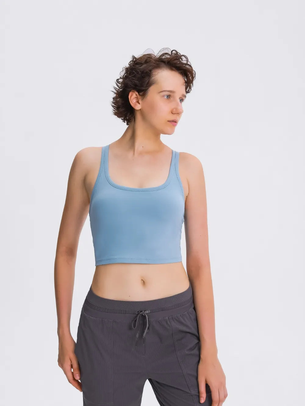 Scoop Neck Active Tank with Detachable Chest Pads in Beige for Women