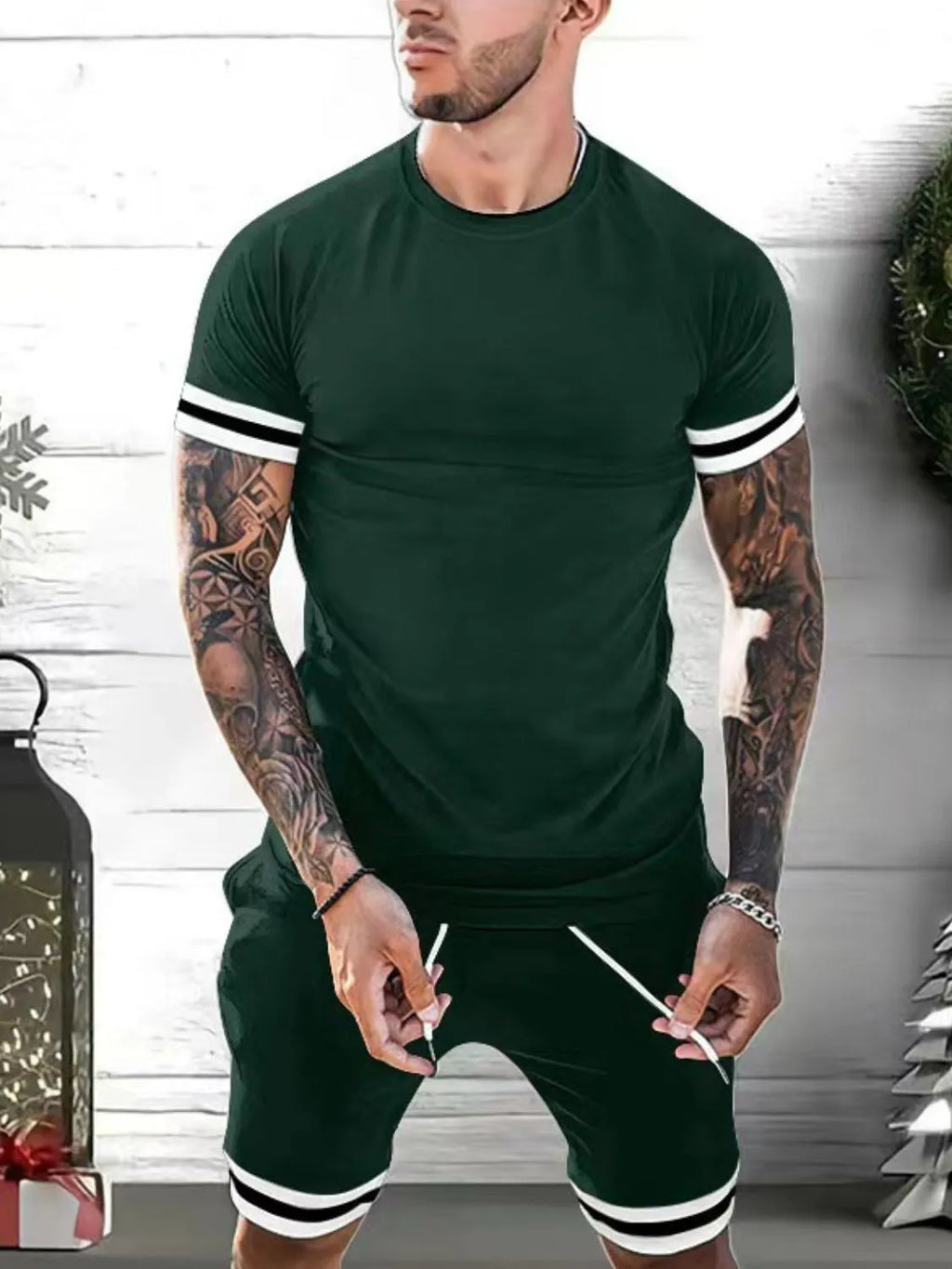 Plus Size Round Neck Short Sleeve Top and Shorts Set in Classic in White for Men