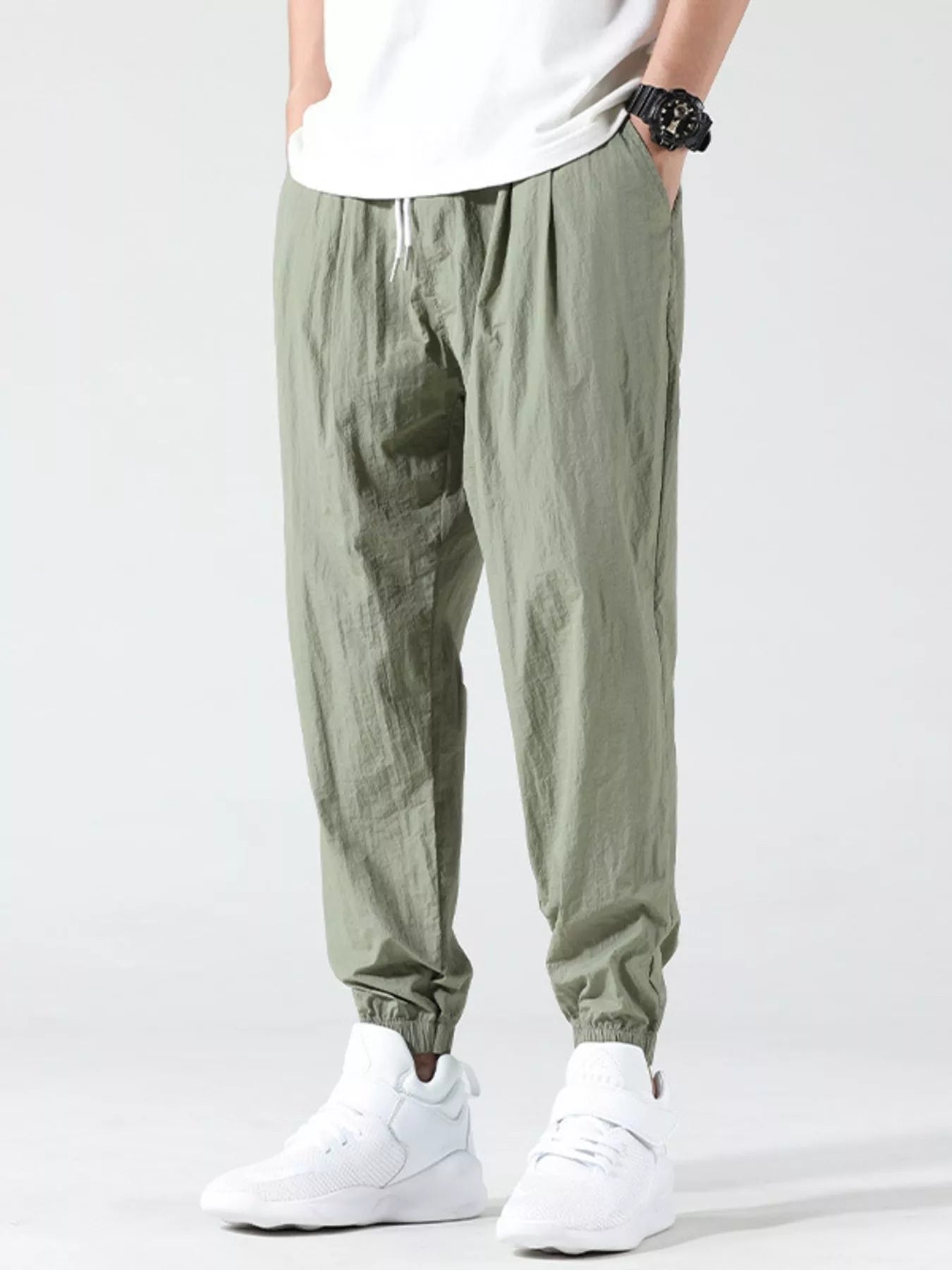 Plus Size Drawstring Loose Fit Joggers in Green for Men