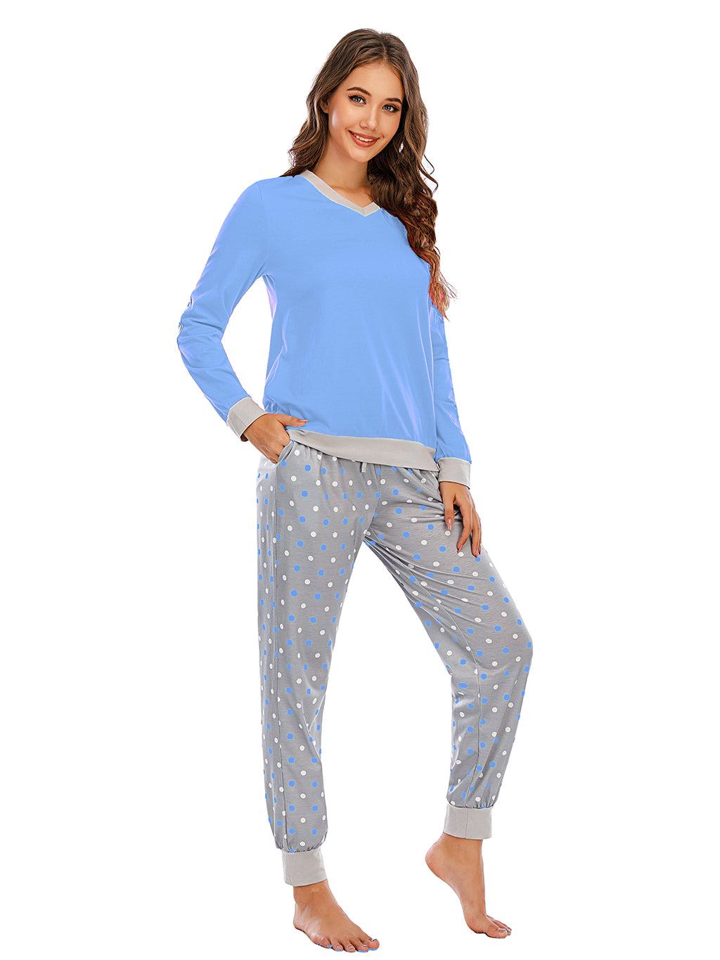 Long Sleeve Top and Polka Dot Pants Set in Black for Women