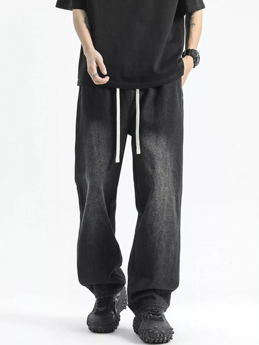 Washed Wide Leg Drawstring Jeans Plus Size in Polished Gray for Men