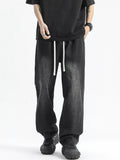 Washed Wide Leg Drawstring Jeans Plus Size in Polished Gray for Men
