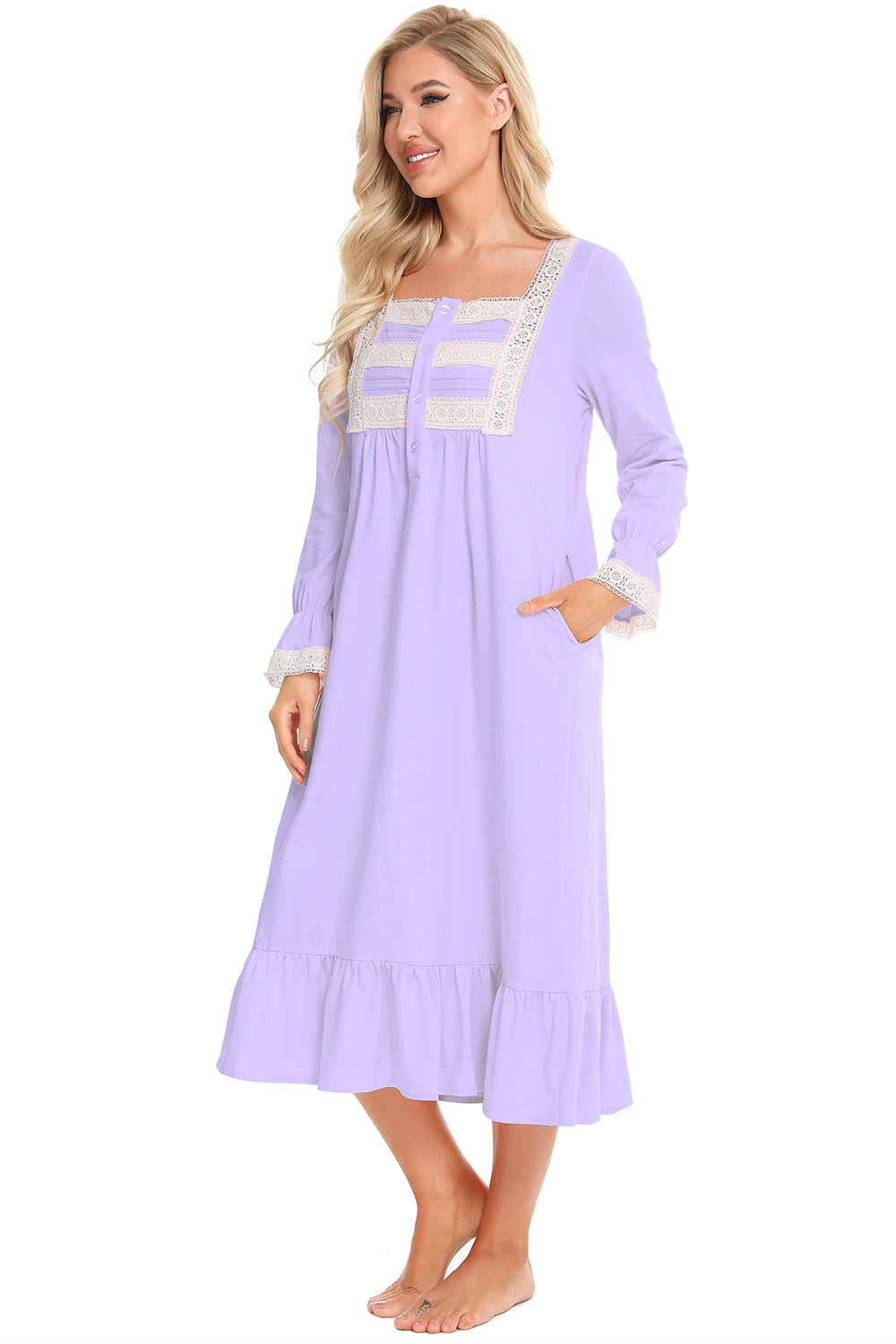 Lace Detail Square Neck Flounce Sleeve Night Dress in White for Women