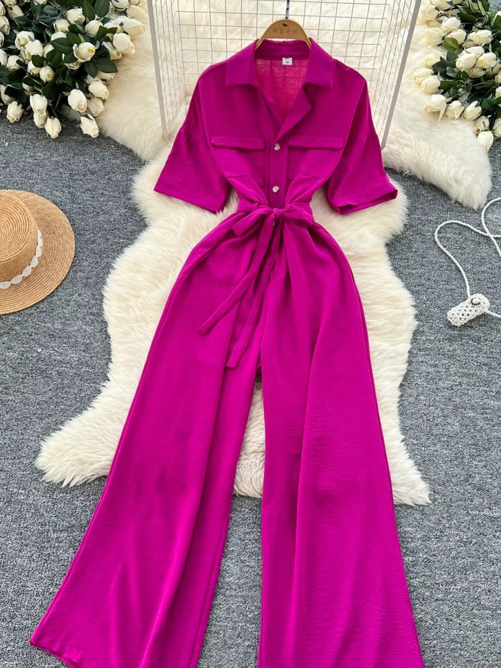 Pink Tie Waist Wide Leg Jumpsuit for Women