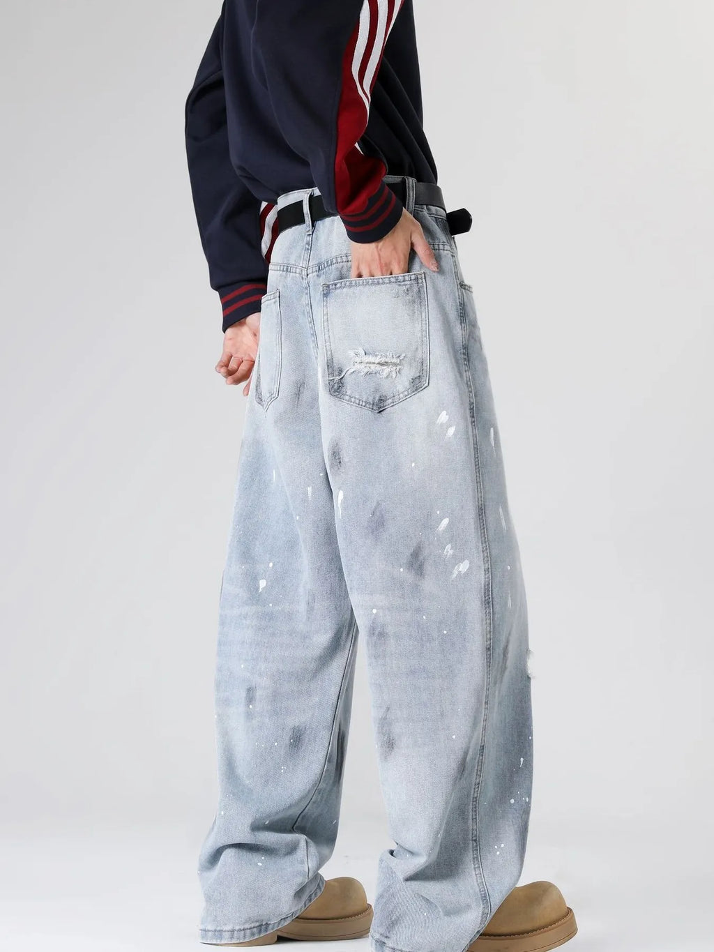 Distressed Wide Leg Jeans Plus Size in Classic in Light Blue for Men