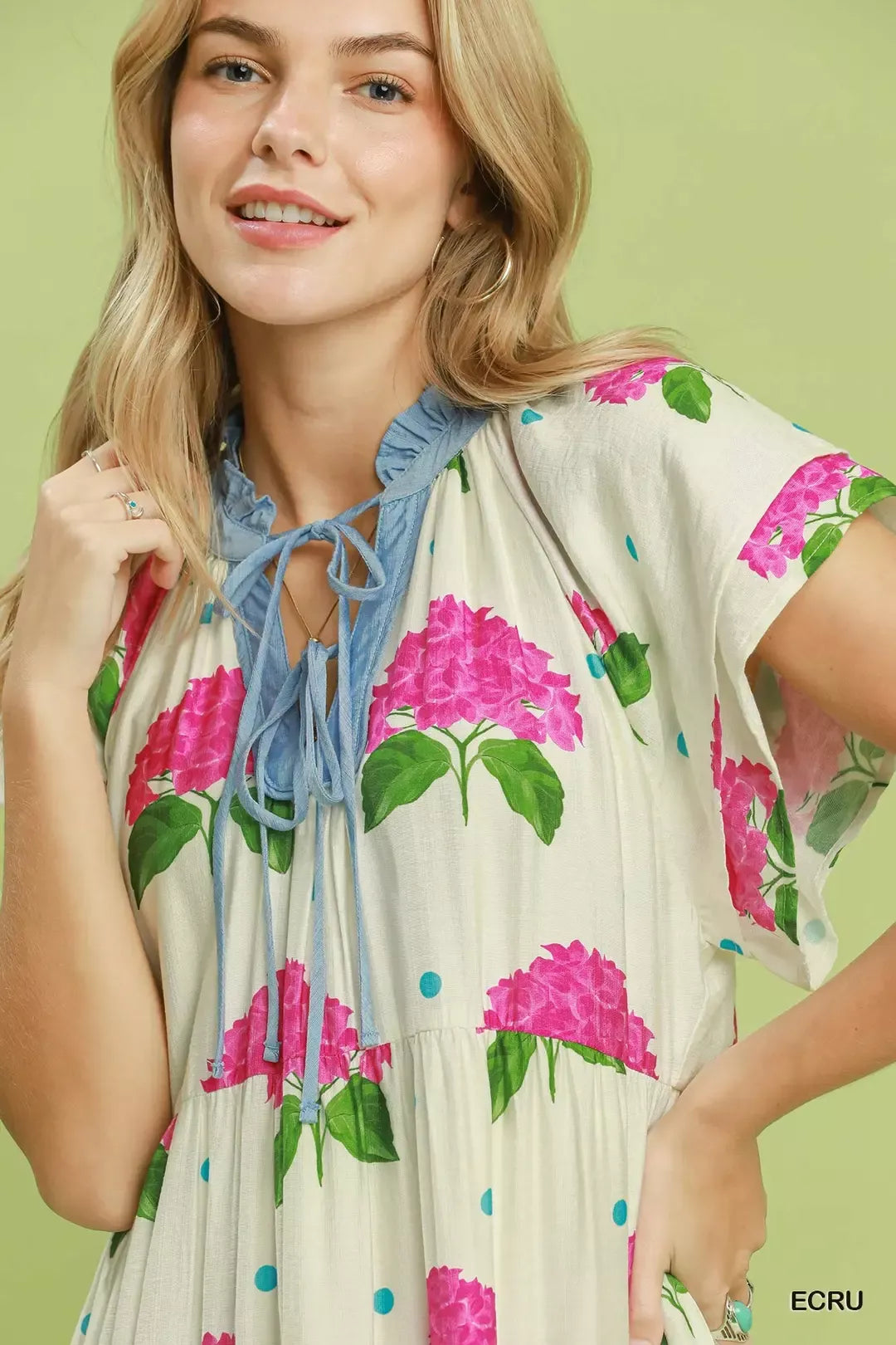Hydrangea Print Tiered Midi Dress in Ecru for Women