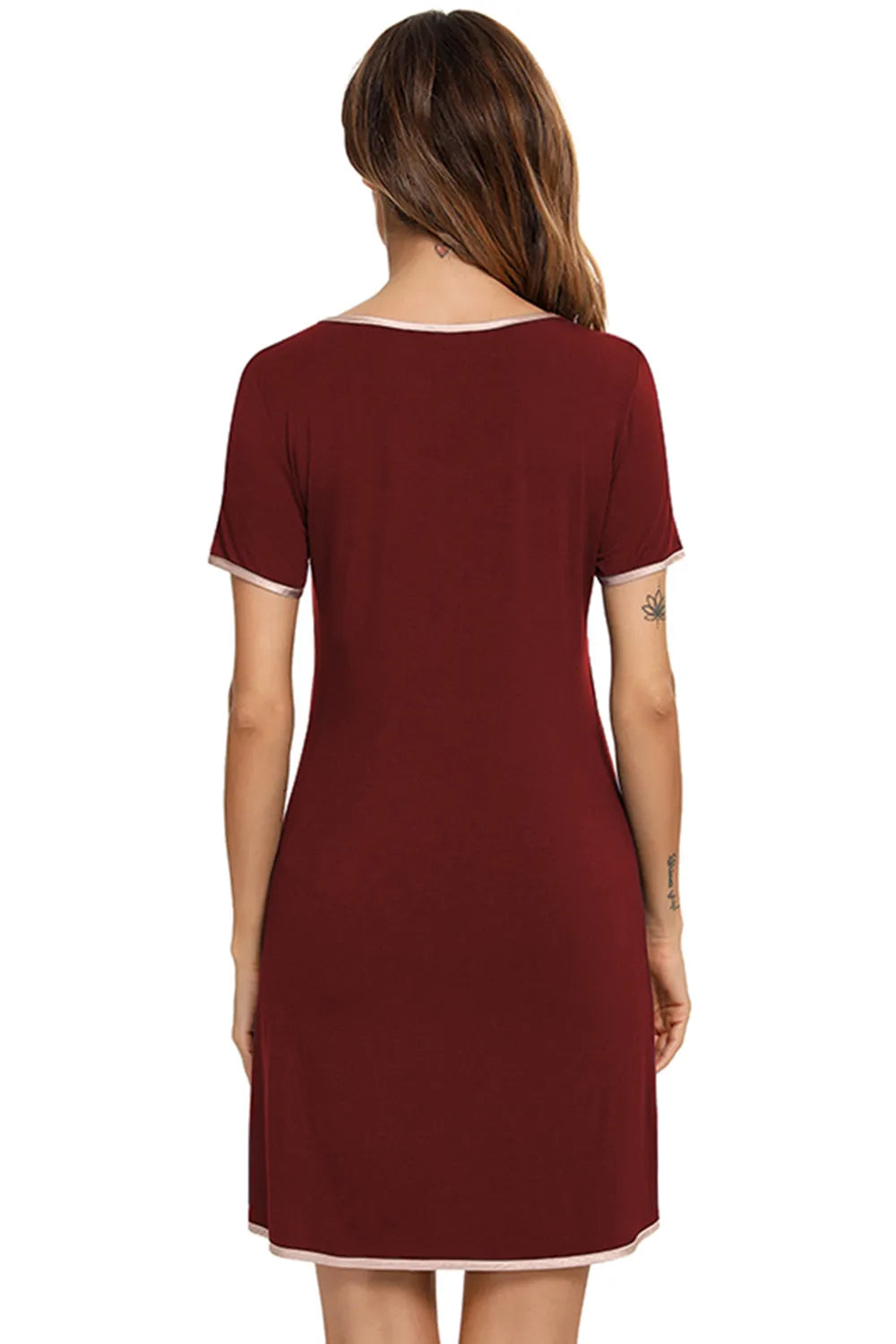 Contrast Trim Pocketed Round Neck Lounge Dress in Burgundy for Women