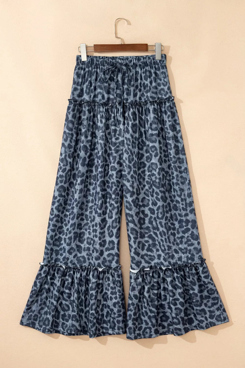 Leopard Print Frilled Detail Drawstring Wide Leg Pants in Dark Navy for Women