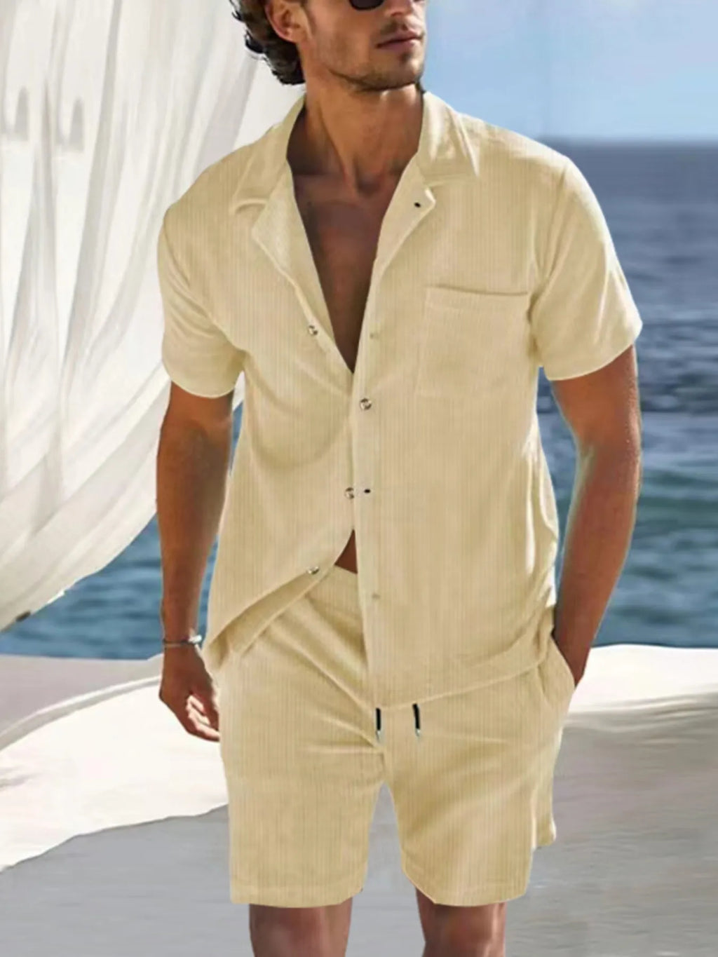 Button Detail Short Sleeve Top and Shorts Set Plus Size in Classic in White for Men