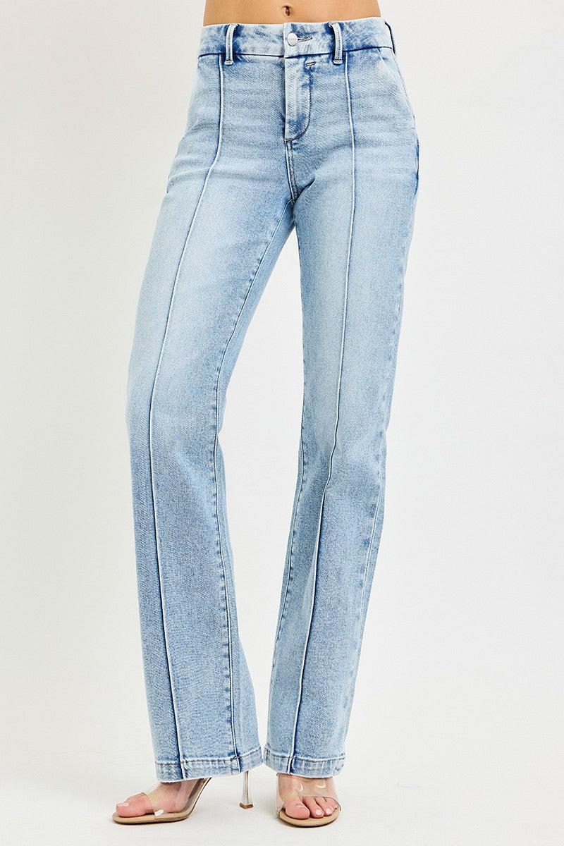 Tummy Control High Rise Straight Pin Tuck Jeans in Light for Women
