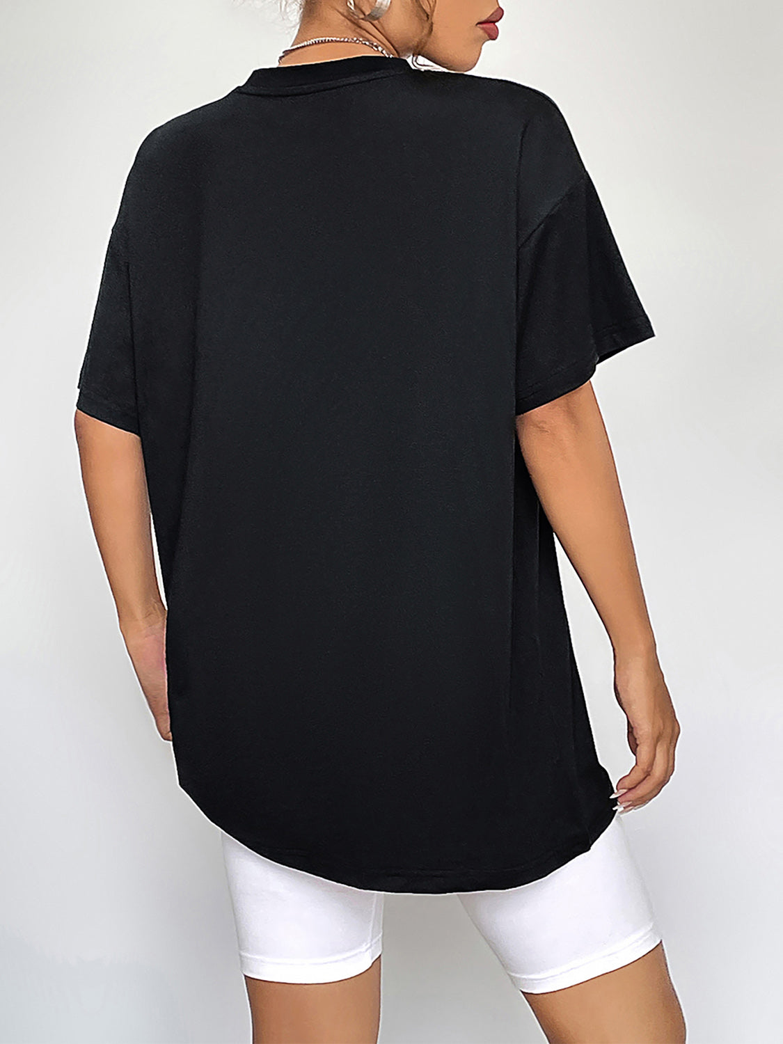 Round Neck Short Sleeve Fall Season Graphic T-Shirt in Black for Women