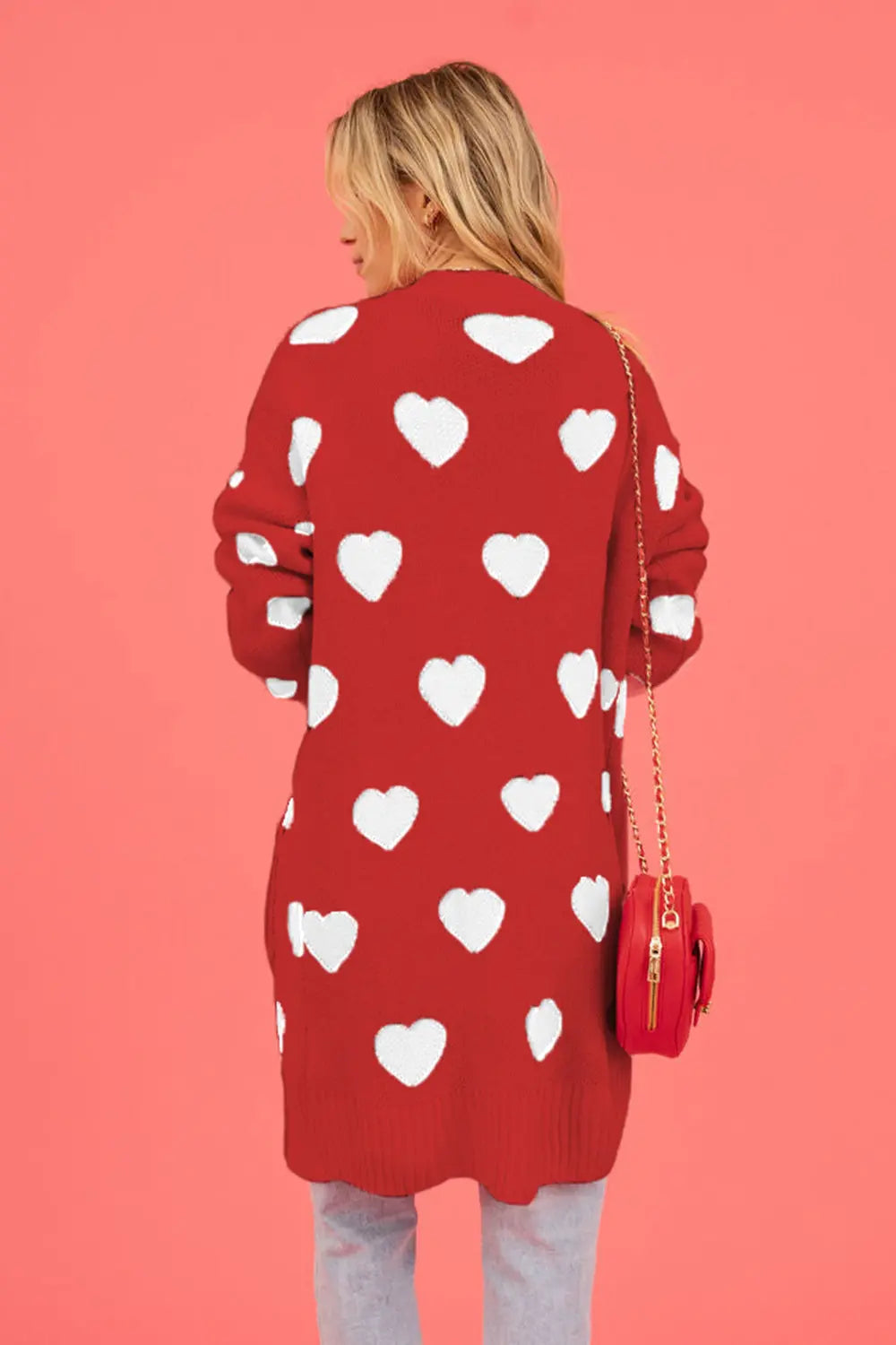 Heart Graphic Open Front Cardigan with Pockets in Black for Women
