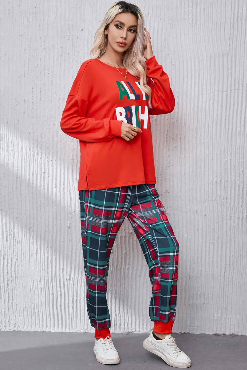 All Is Round Neck Top and Plaid Pants Lounge Set in Red for Women